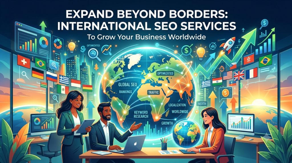 International SEO Services illustration showing global business expansion, multilingual SEO strategy, keyword research, and worldwide search engine optimization.