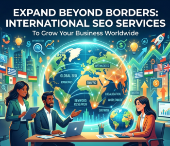 International SEO Services illustration showing global business expansion, multilingual SEO strategy, keyword research, and worldwide search engine optimization.