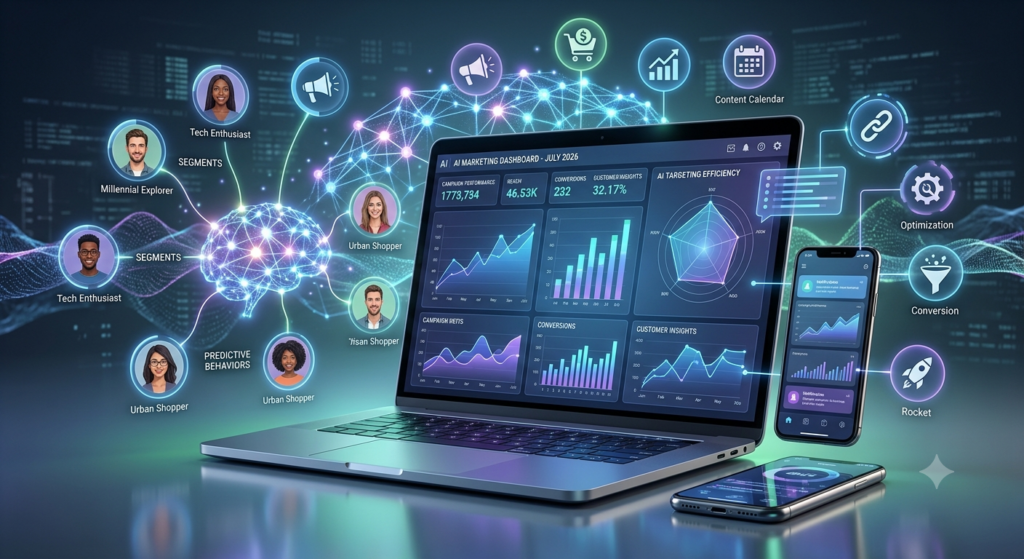 Artificial Intelligence (AI) in Marketing 2026 - Futuristic digital marketing with AI technology by UNIQ WEB TECH