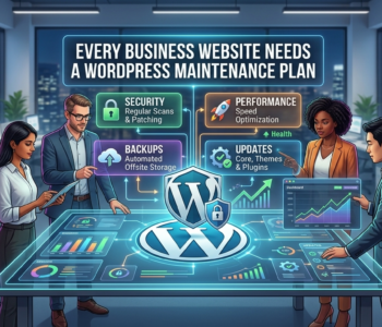 WordPress Maintenance Plan illustration showing website security, updates, backups, speed optimization, and technical support for business websites.