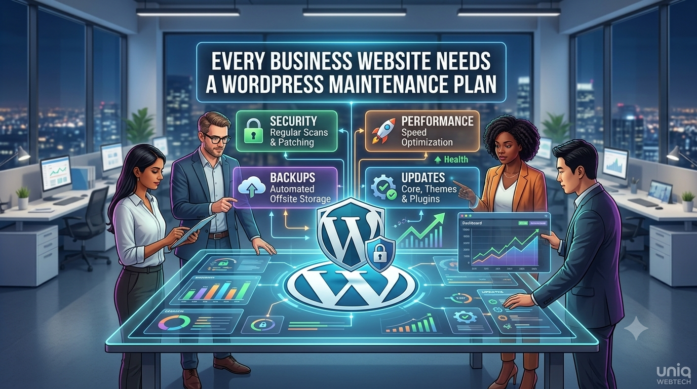 WordPress Maintenance Plan illustration showing website security, updates, backups, speed optimization, and technical support for business websites.