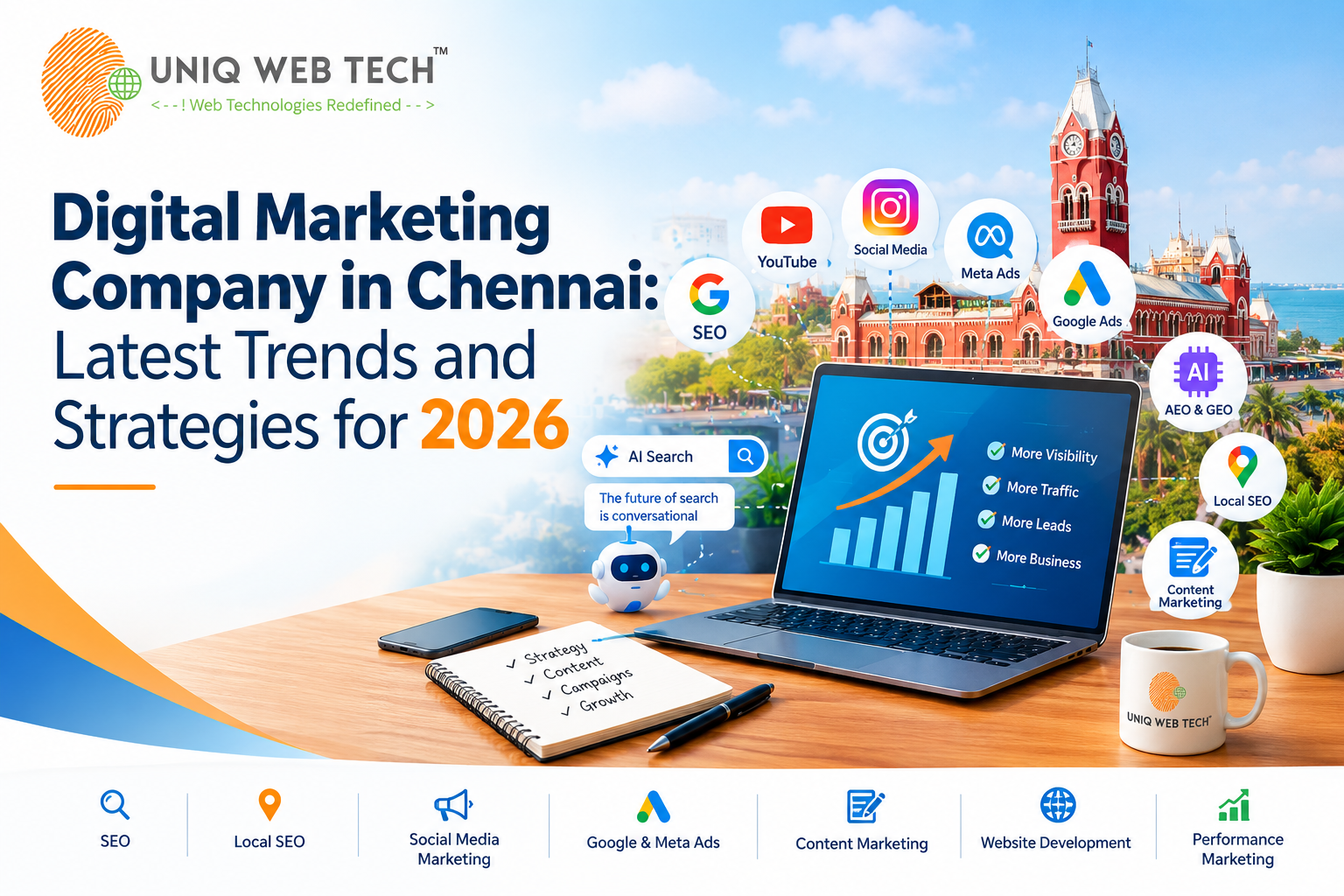 igital marketing company in Chennai showcasing the latest digital marketing trends and strategies for 2026, including SEO, AI search, AEO, GEO, social media marketing, Google Ads, Meta Ads, local SEO and content marketing.
